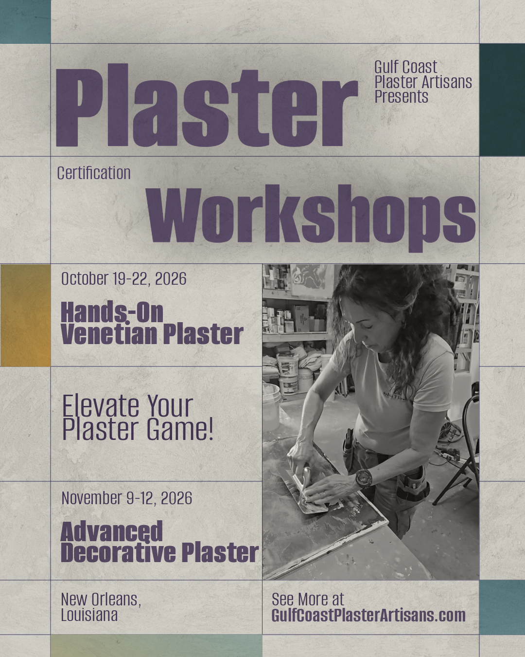 Gulf Coast Plaster Artisans – Fall 2026 Plaster Workshop Schedule. Venetian Plaster, Lime Plaster, Functional Plaster, Decorative Plaster, Certified Training. Application. New Orleans. United States.