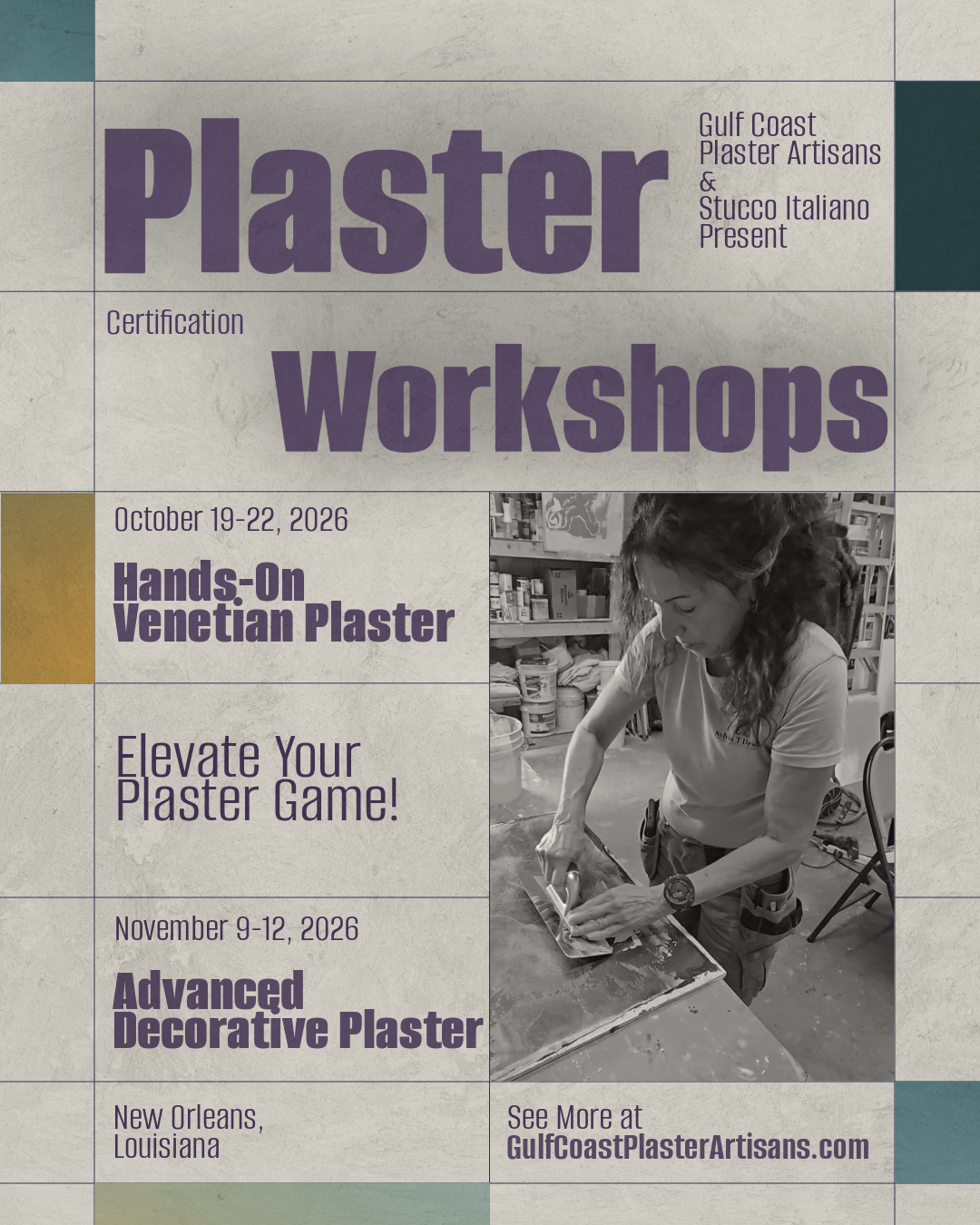 Gulf Coast Plaster Artisans – Fall 2026 Plaster Workshop Schedule. Venetian Plaster, Lime Plaster, Functional Plaster, Decorative Plaster, Certified Training. Application. New Orleans. United States.